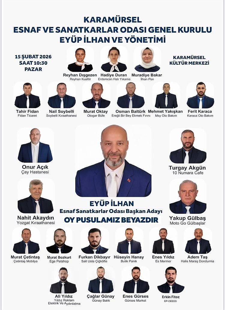 Karamürsel Esnaf ve Sanatkarlar Odası Başkan Adayı Eyüp İlhan, “Yarınki Genel Kurulumuzda İlçe Esnafımızı Beyaz Oy Pusulasına Davet Ediyorum.”…