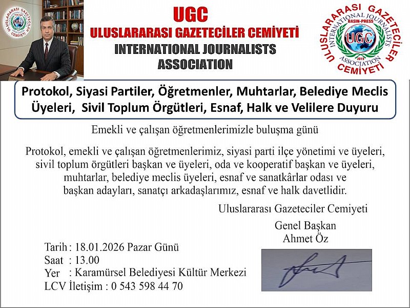 Uluslararası Gazeteciler Cemiyeti UGC 'den Buluşma Programı Pazar Günü